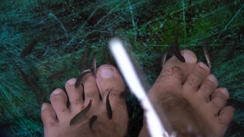 Nahaufnahme männlicher Füße im Doctor Fish Spa