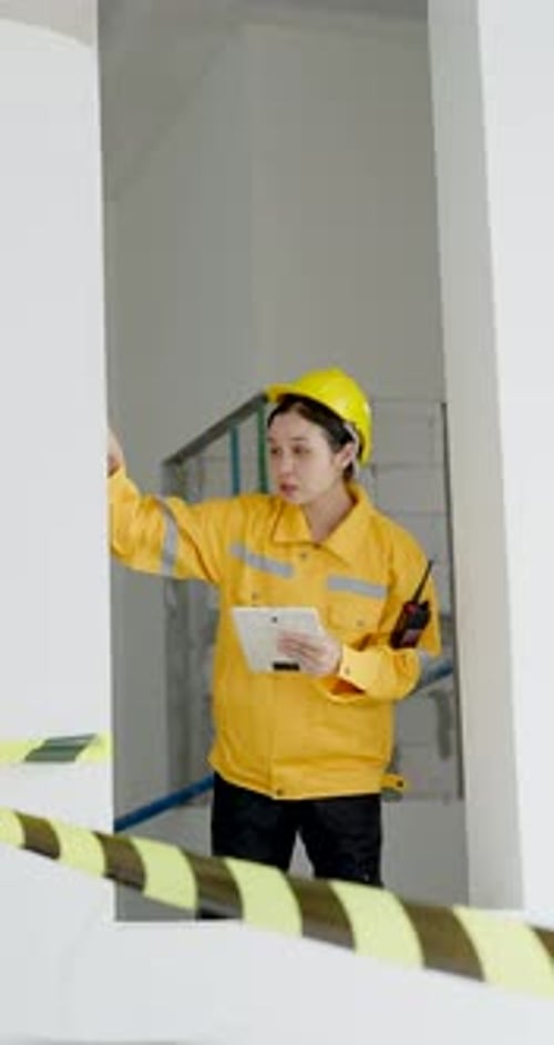Asian female engineer stands behind caution barrier, pointing toward interior wall opening while