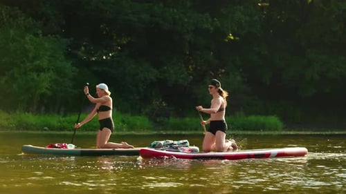 People Resting In Nature Two Women Practicing Paddle Boarding On River In Summertime