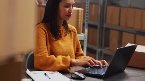 Female Entrepreneur Checking Stock Products on Pc
