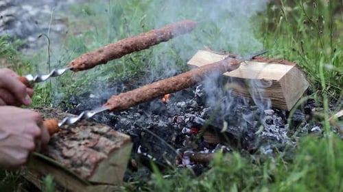 Cooking Meat Kebabs on a Smoky Campfire