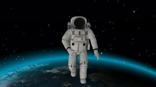 Astronauta corriendo por el planeta Tierra. Universo, estrellas