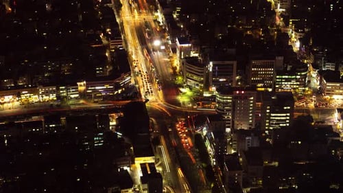 Seoul Night Aerial Cityscape with Light Trails – Vibrant Urban Skyline and Traffic Flow