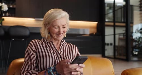 Scroll, laugh or woman on sofa with phone, movie streaming or comic post on online site