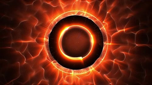 VJ loop animation with abstract hot sphere made of glowing particle waves on a dark background