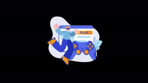 Happy Gamer with VR Headset Playing in Flat Design Animation