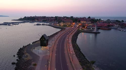 Aerial view to old town of Nessebar at sunrise