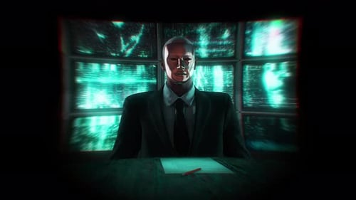 Futuristic AI Robot Newscaster with Glitchy Digital Background