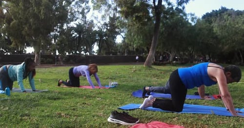 Multiracial senior people doing yoga exercises outdoor with city park in background