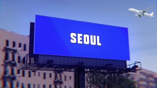 Seoul City Sign With A Street Billboard And An Airplane Taking Off In The Background