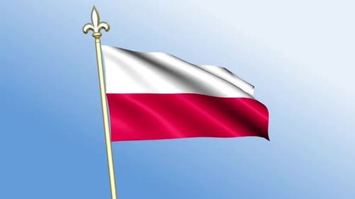 Animated Polish Flag Waving on Golden Flagpole