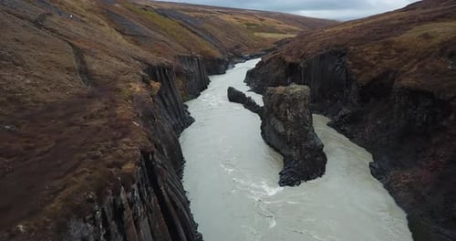 Magnificent Landscape of Icelandic Highlands, Aerial View on Volcanic Basalt Column Studlagil Canyon