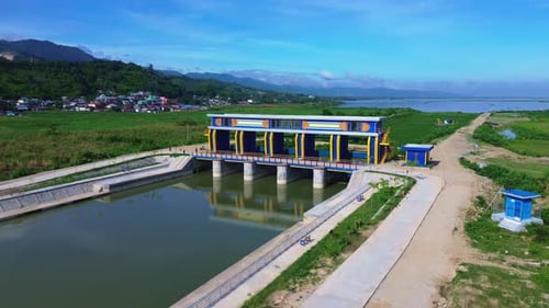 Aerial View of Water Control Structure in Rural Landscape