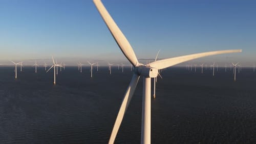 Aerial view of wind turbines in the sea, Netherlands.