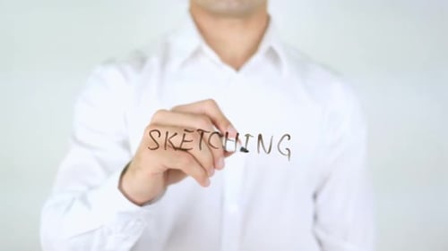 Croquis, homme écrivant sur verre