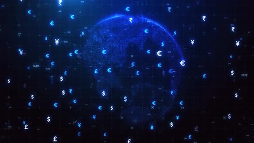 Animierte globale Währungssymbole über einer futuristischen digitalen Erdkugel