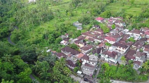 Indonesia,Ubud, A Balinese town right by the rain forest, houses in the lush green, birds eye view.