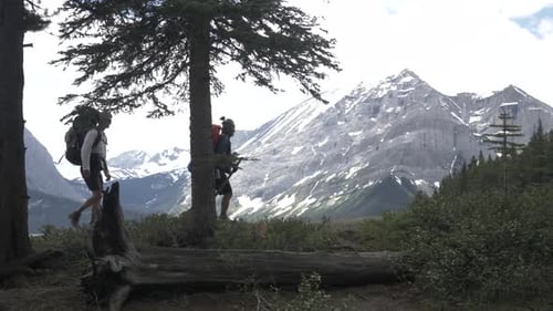 Friends hiking scenic mountain trail rocky mountains exploration