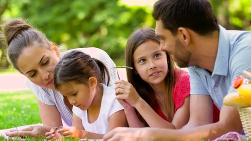 Happy family lying on blanket at park picnic