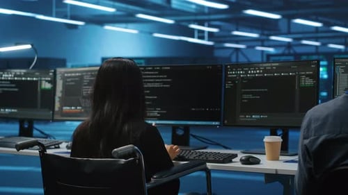 Woman with Impairment Next to Diverse Coworkers in Data Center Coding