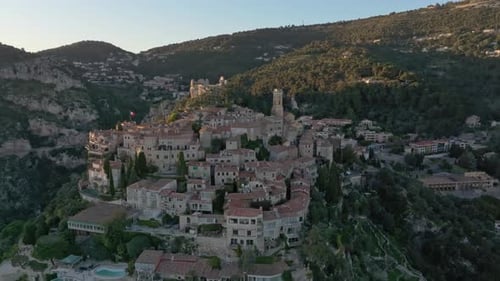 Golden hour paints rooftops of Eze on the Cote d’Azur, France