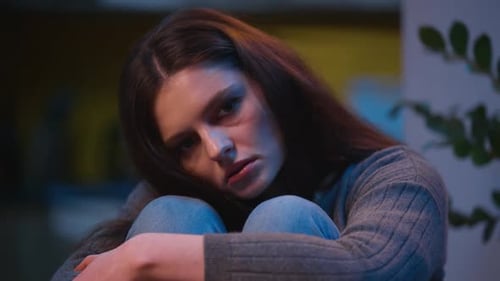 Upset Sad Woman Alone at Home Night Frustrated Girl 30s Female Feeling Sadness Lonely Life Problem