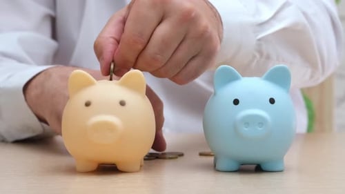 Business Person Throws Coinsinto Piggy Banks in Turn Investment Diversification