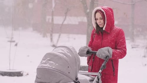 Young Mother with a Baby Stroller in a Snowy Winter Park