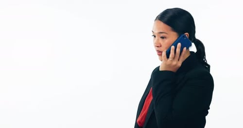 Business woman, talking and phone call in studio for consulting, chat and communication on white