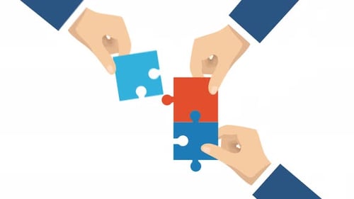 Empresário de animação resolve manualmente o conceito de quebra-cabeça de trabalho em equipe