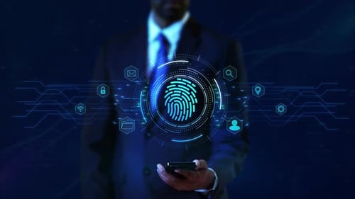 Empresario que muestra identificación digital de huellas dactilares, cifrado, escaneo, ciberseguridad y