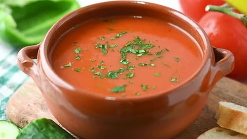 Tomato Soup in Bowl with Olive Oil