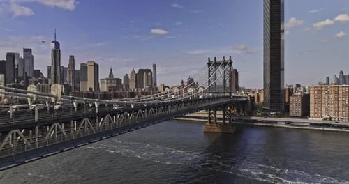 NYC New York Aerial v427 drone flyover East river capturing vehicle traffics on the bridge and dense
