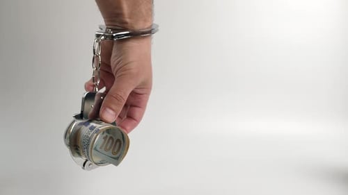 Hand in Handcuffs Holds Roll of Dollars