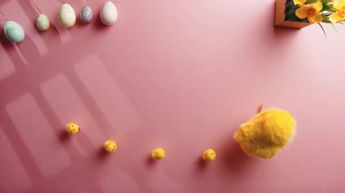 Easter Eggs and Chicks on Pink Background