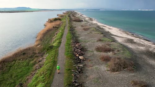 Aerial view of Lake Pomorie and Black Sea coastline, Bulgaria.