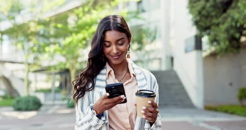 Businesswoman, cellphone and coffee on online travel communication, working connection urban
