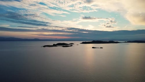 Panoramic Scenery of Coast, Islands and Distant Peaks. Breathtaking Ocean and Islands Vista at Sun S