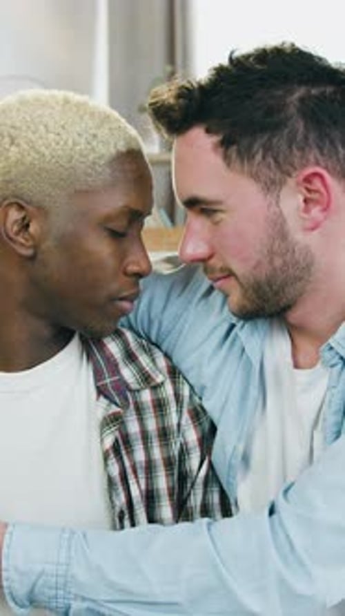 Affectionate Young Male Couple Embracing Indoors in Natural Light