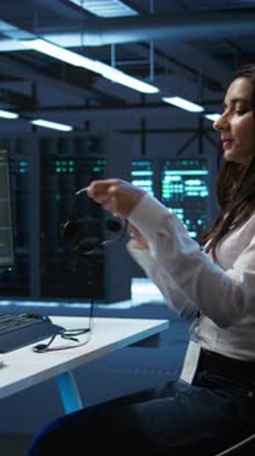 Vertical Video Server Hub Workers Carrying Out Operational Technical Interventions Close Up