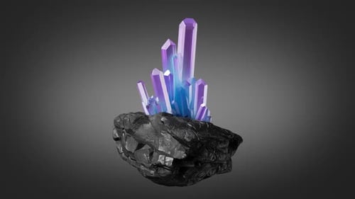 black rock with blue violet crystals spinning around, quartz and coal