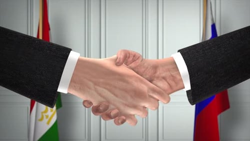 Animated Corporate Handshake with Waving National Flags
