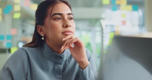 Happy, laptop and thinking with business woman in office for inspiration or problem solving