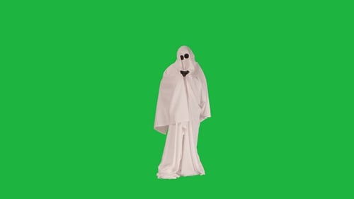 Halloween Ghost in White Sheet Playing Video Game with Joystick Losing Gesture Isolated on Chroma