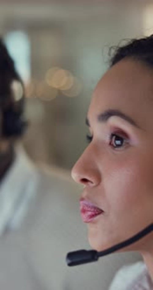 Female person, call center and microphone in technical support with talking as professional virtual