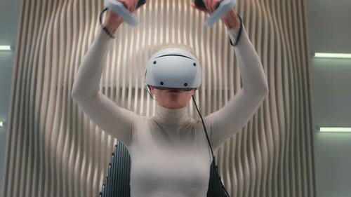 Woman Using VR Headset in Modern Interior