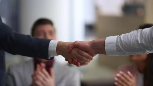 Business Partners Shake Hands Make Corporate Agreement Deal In Modern Conference Office Workplace...
