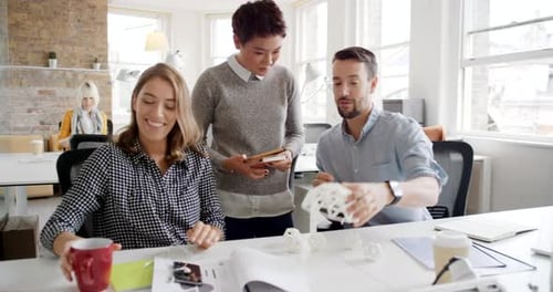 Business people, meeting and collaboration at biotechnology company with prototype for eco friendly