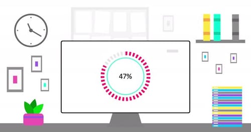 Office Computer with Simple Modern Round Infographics on Screen Modern Office Interior and Data or