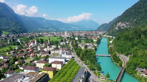 Aerial view over the city of Interlaken in Switzerland. Beautiful view of Interlaken town, Eiger, Mo
